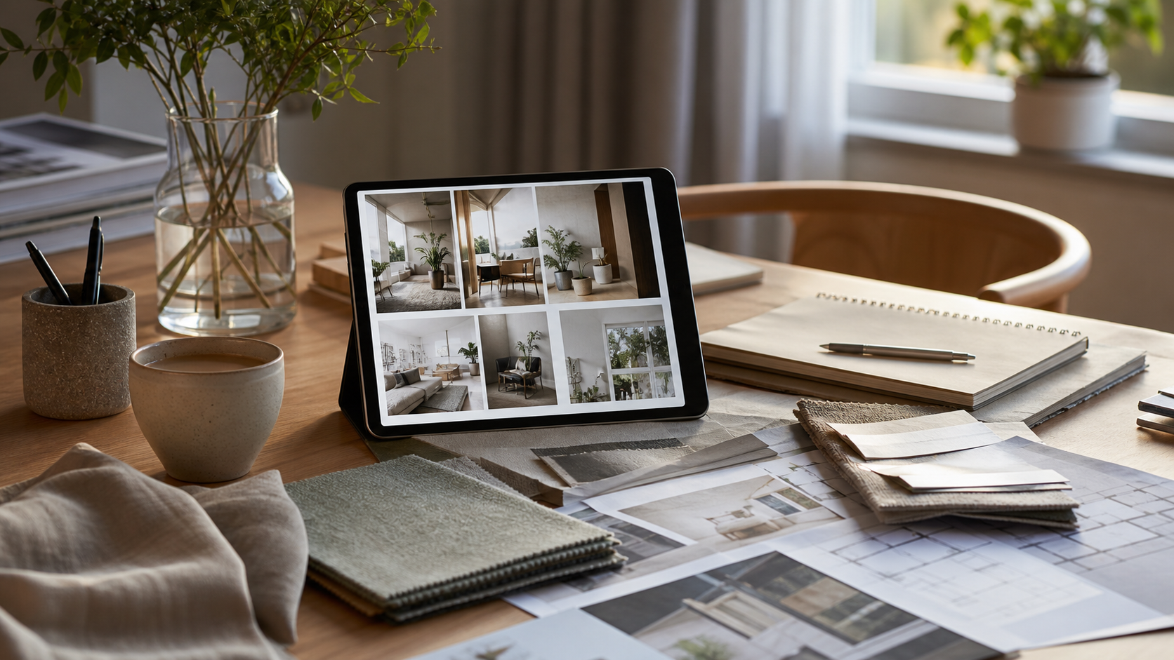 Hemmaplanering med surfplatta, anteckningar och materialprover.