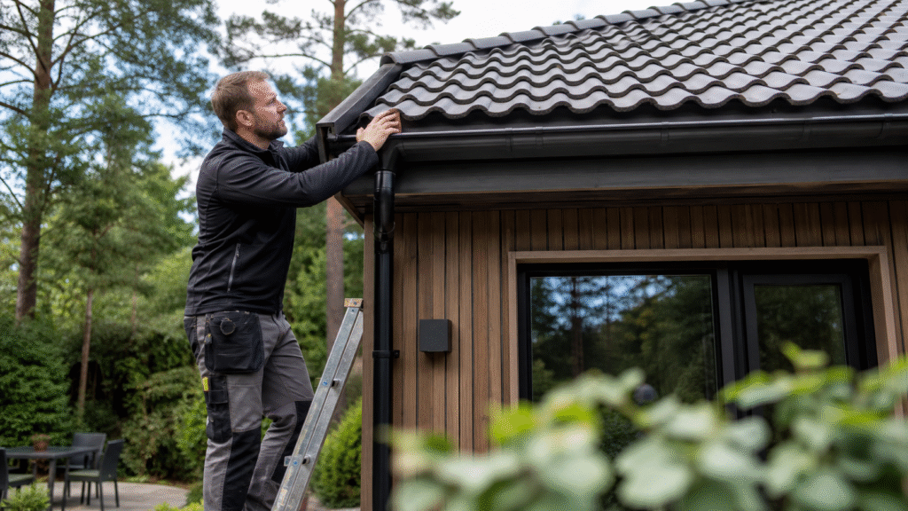 Yrkesperson som granskar villa, tak och trädetaljer.