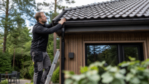 Yrkesperson som granskar villa, tak och trädetaljer.