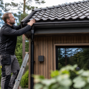Yrkesperson som granskar villa, tak och trädetaljer.